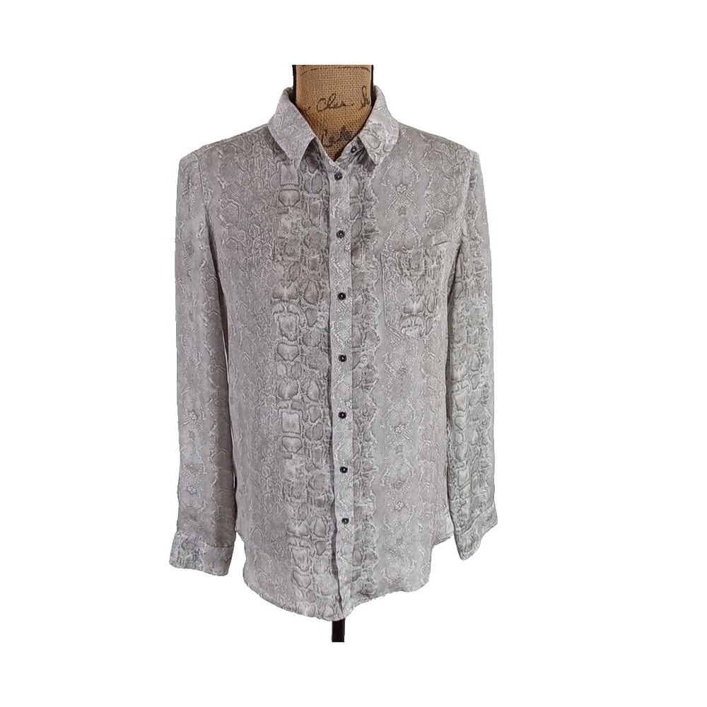 MNG SUIT Blouse 4 Gray‎ Subtle Animal Print Button Satin Top Business Casual LN